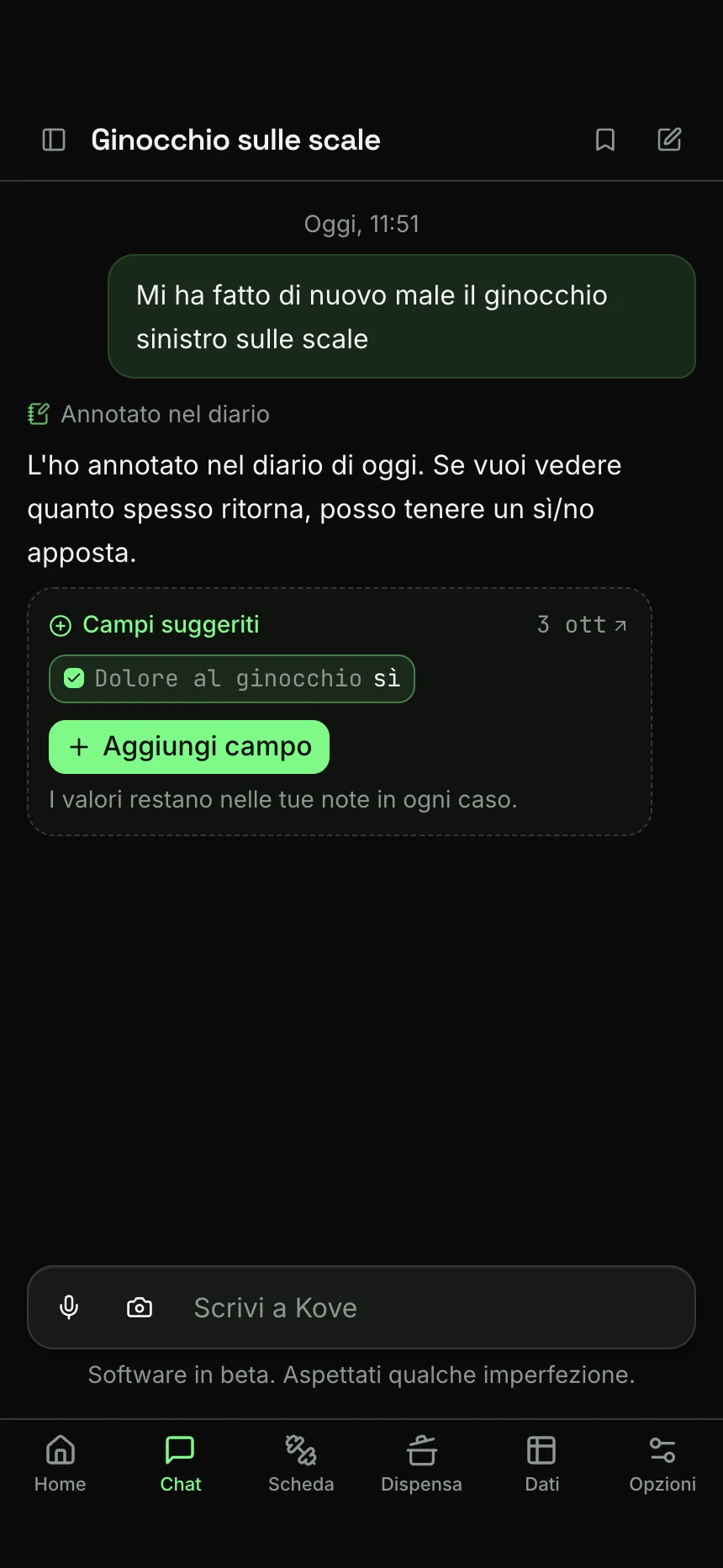 Kove risponde a “Mi ha fatto di nuovo male il ginocchio sinistro sulle scale”: ha annotato la riga nel diario e propone un nuovo campo sì/no, Dolore al ginocchio, con il pulsante Aggiungi campo.