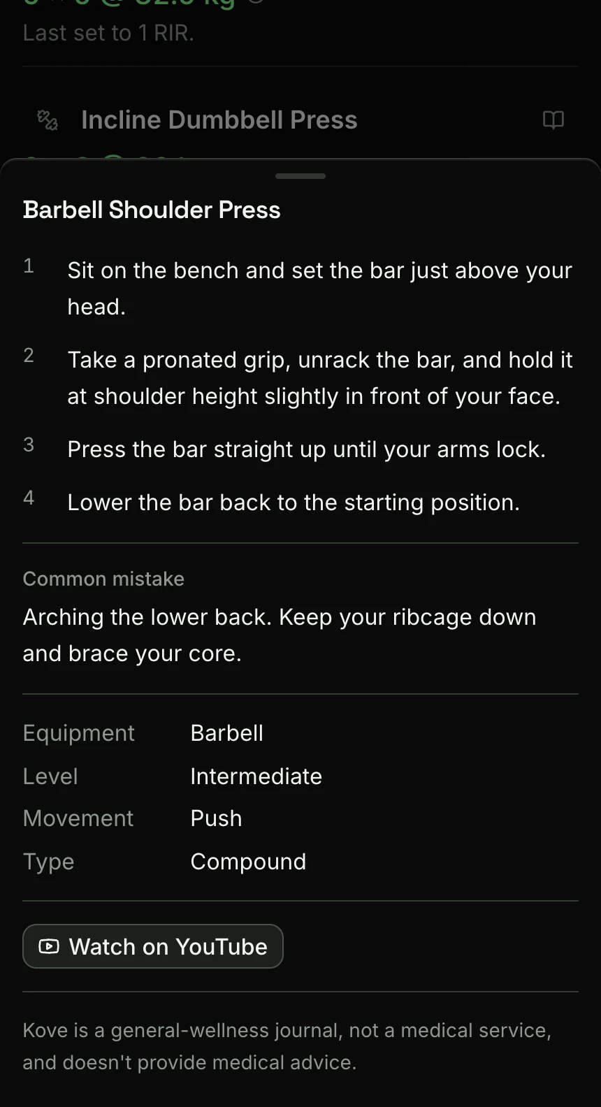 Kove's how-to sheet for the barbell shoulder press, open over a training plan on a phone: four numbered steps, the common mistake to avoid, the movement's equipment and type, and a button to watch it on YouTube.