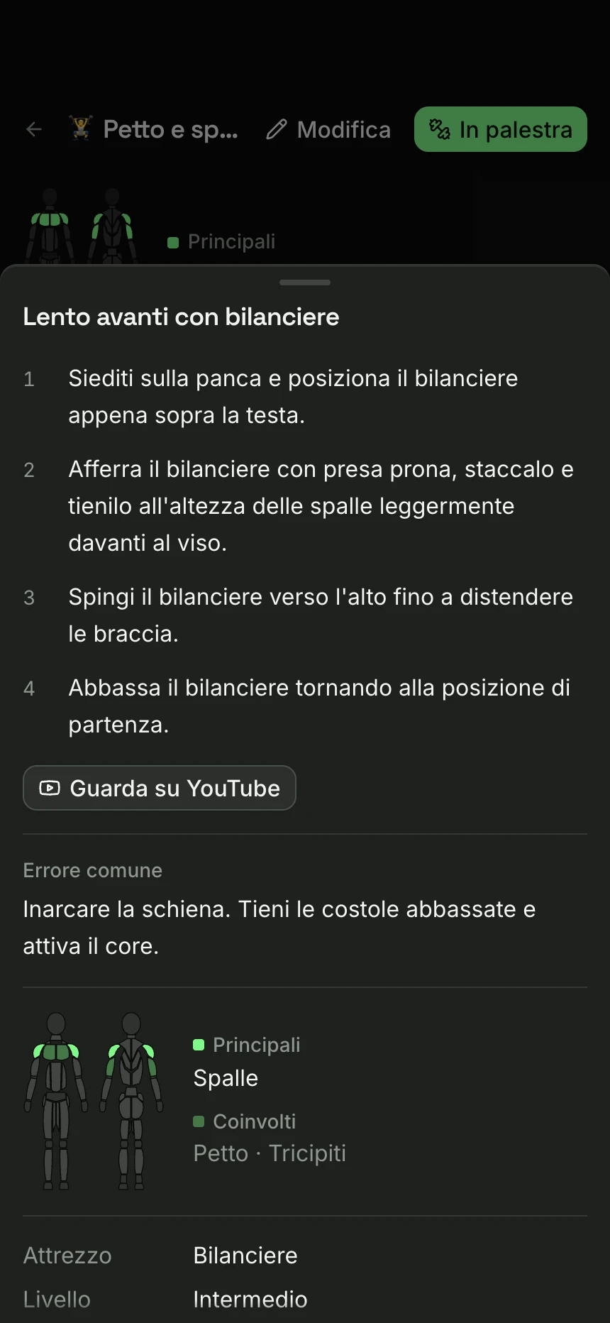 La spiegazione del lento avanti con bilanciere: i passaggi, l'errore comune, i muscoli che fa lavorare (spalle, poi petto e tricipiti), l'attrezzo e un link a un video.