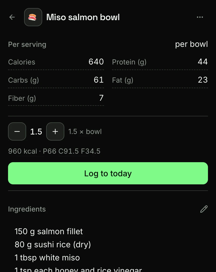 A saved recipe open in Kove on a phone: its per-serving macros, a portion stepper set to 1.5, the button to log it to today, and its ingredient list.